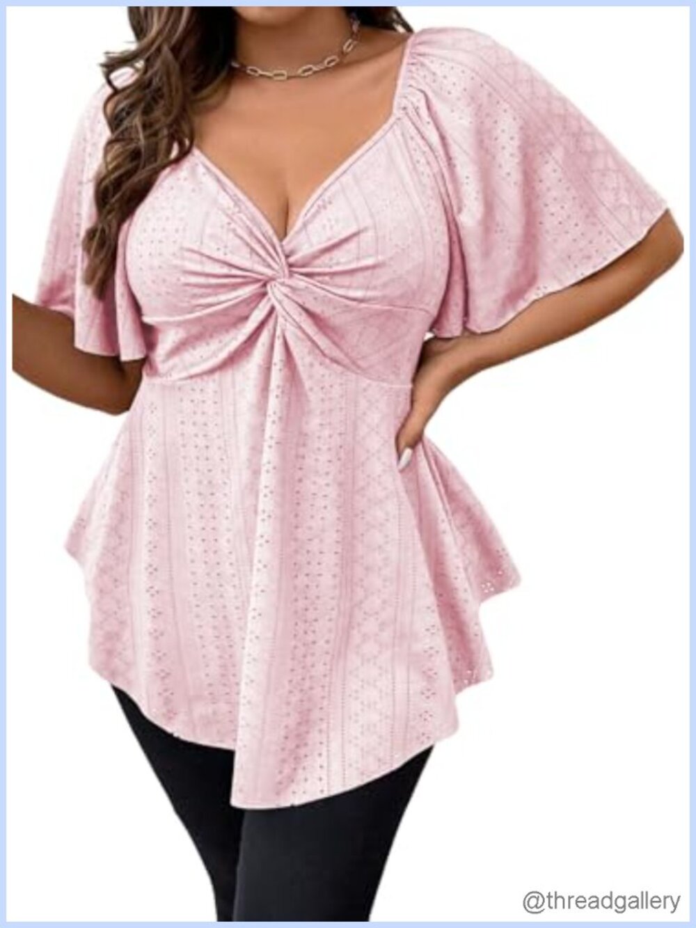 Plus Size Twist Front V Neck Eyelet Embroidery Blouse Short Sleeve